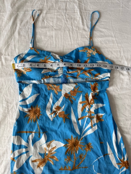 Zara Blue Tropical Palm Print Midi Dress Size M Spaghetti Strap Ruched Bust - Picture 3 of 10